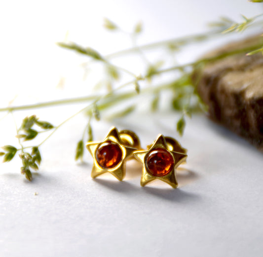 MJ Baltica, earrings, natural Baltic Amber, 925 Silver, 14k Gold plated, star, little star, delicate, sweet, BZK074