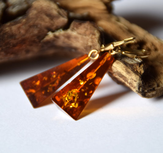 MJ Baltica, earrings, natural Baltic Amber, 925 Silver, 14k Gold plated, pyramid, luminous, pendant, handcrafted, BZK080