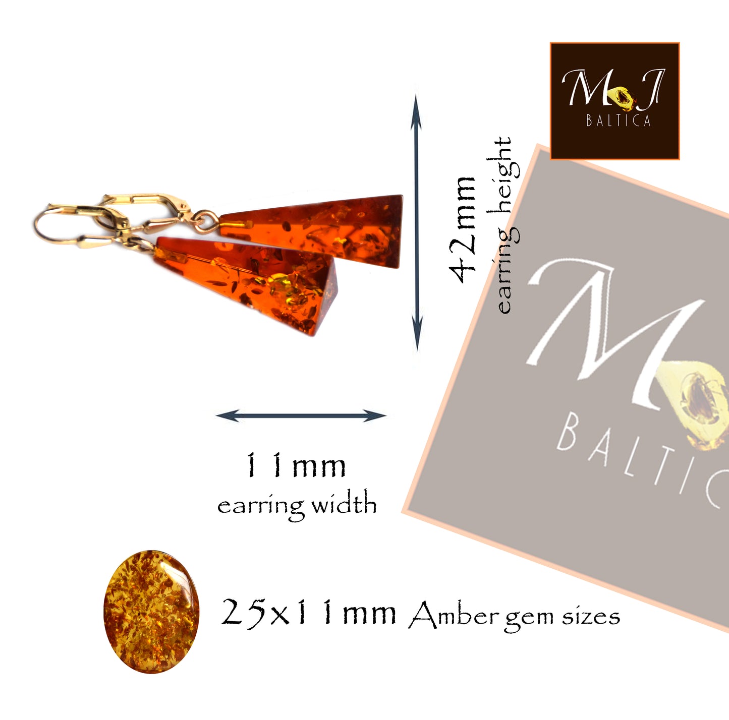 MJ Baltica, earrings, natural Baltic Amber, 925 Silver, 14k Gold plated, pyramid, luminous, pendant, handcrafted, BZK080