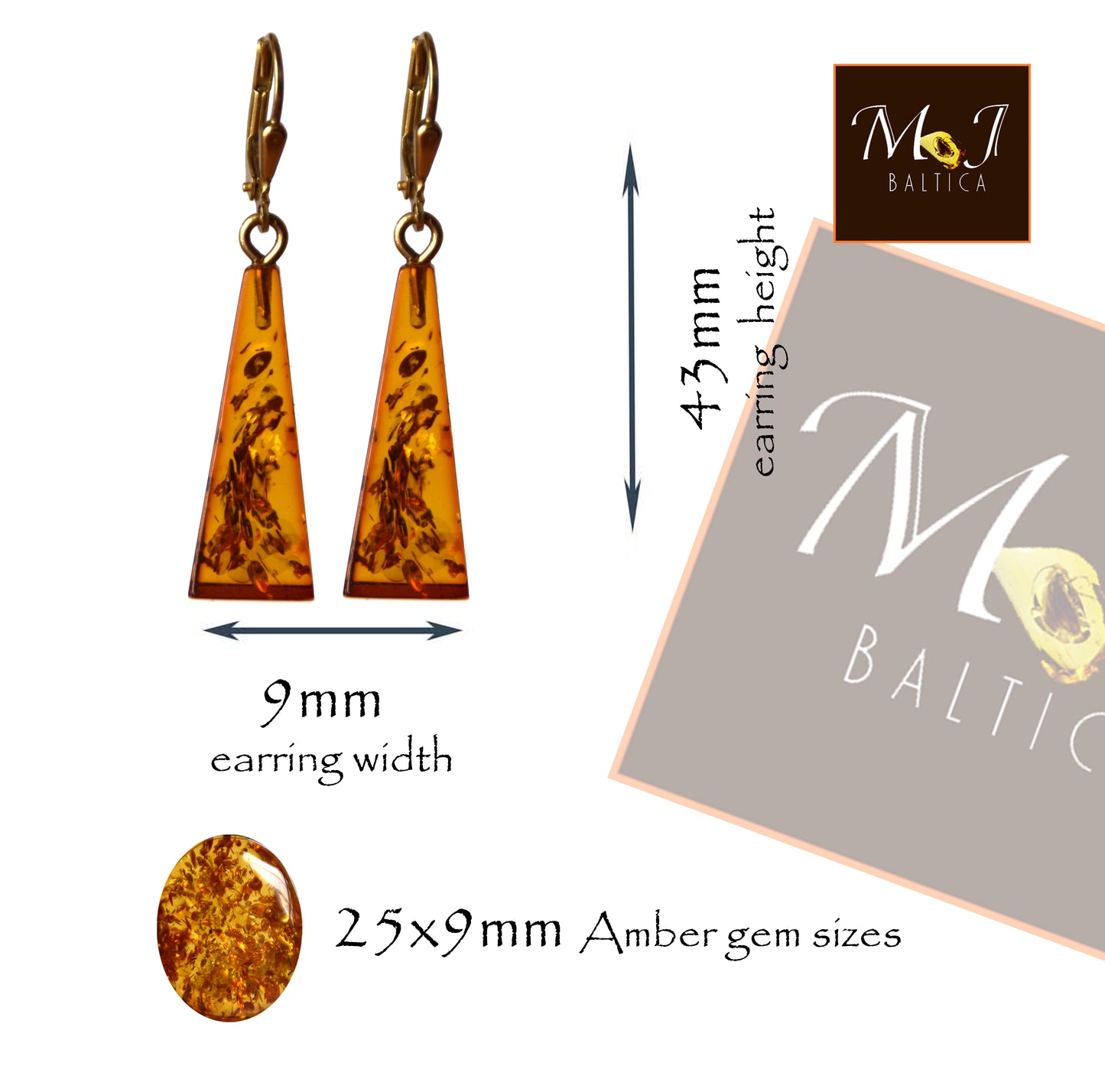 MJ Baltica, orecchini, Ambra naturale Baltica, Argento 925, placcato in Oro 14k, piramide, luminoso, pendente, artigianale, BZK082