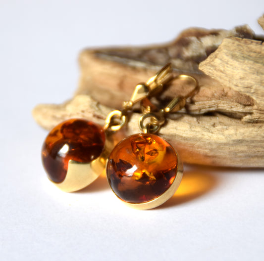 MJ Baltica, earrings, natural Baltic Amber, 925 Silver, 14k Gold plated, round, large, luminous, pendant, handcrafted, BZK083