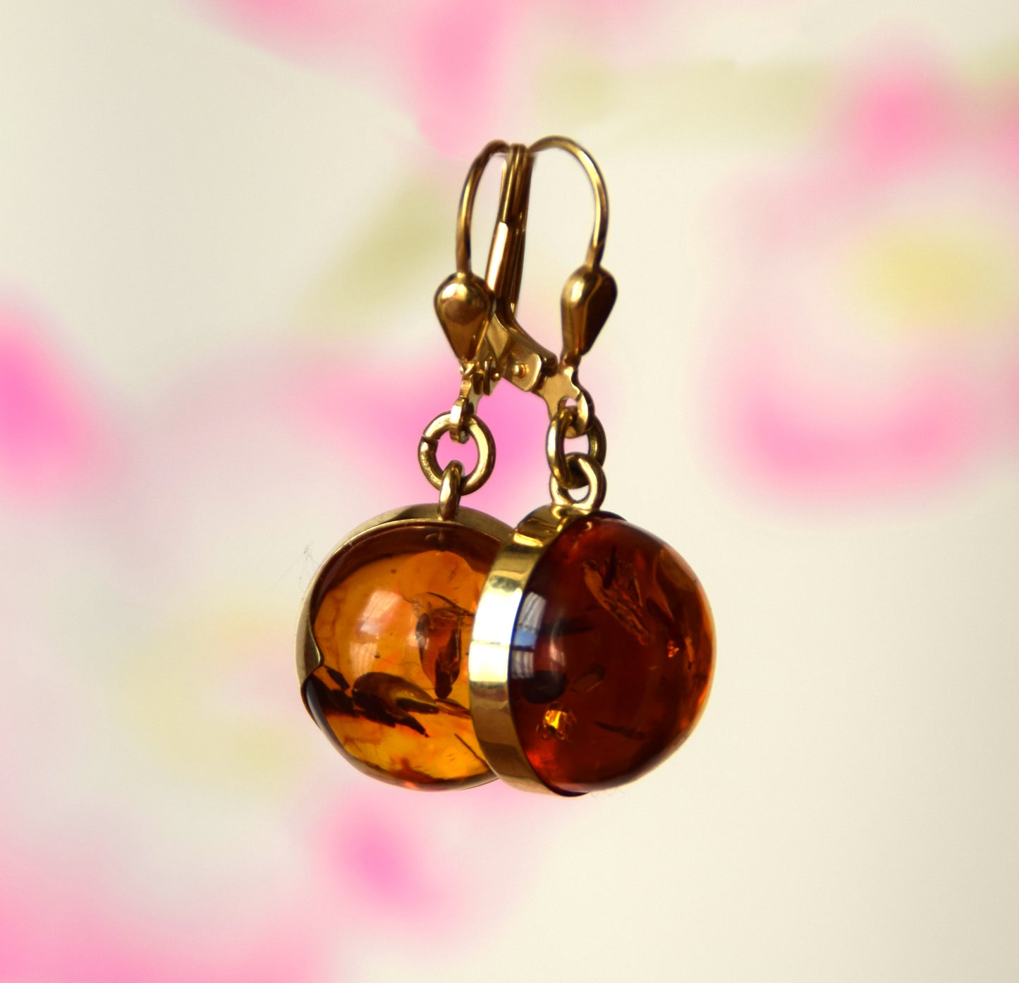 MJ Baltica, earrings, natural Baltic Amber, 925 Silver, 14k Gold plated, round, large, luminous, pendant, handcrafted, BZK083