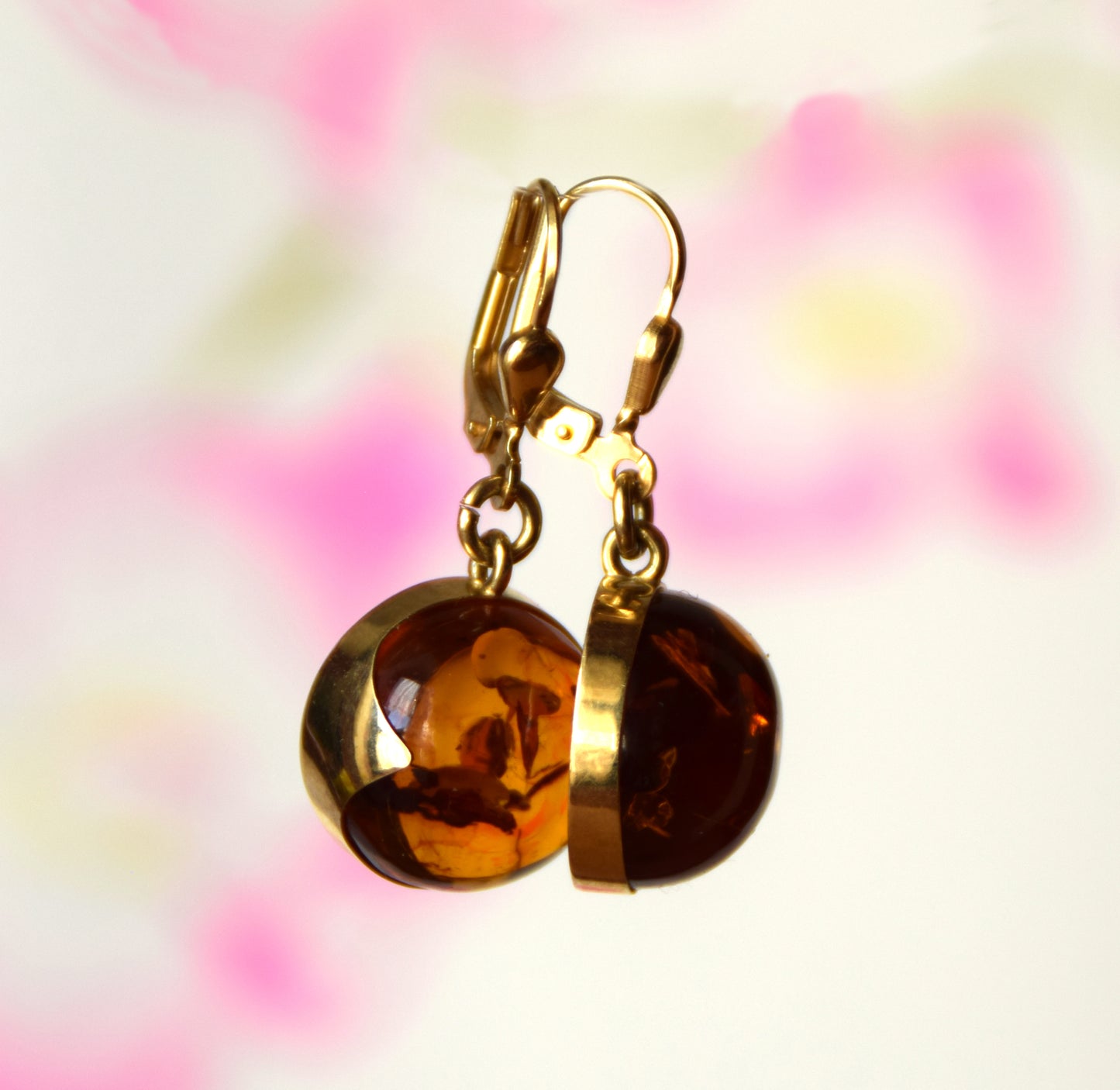 MJ Baltica, earrings, natural Baltic Amber, 925 Silver, 14k Gold plated, round, large, luminous, pendant, handcrafted, BZK083