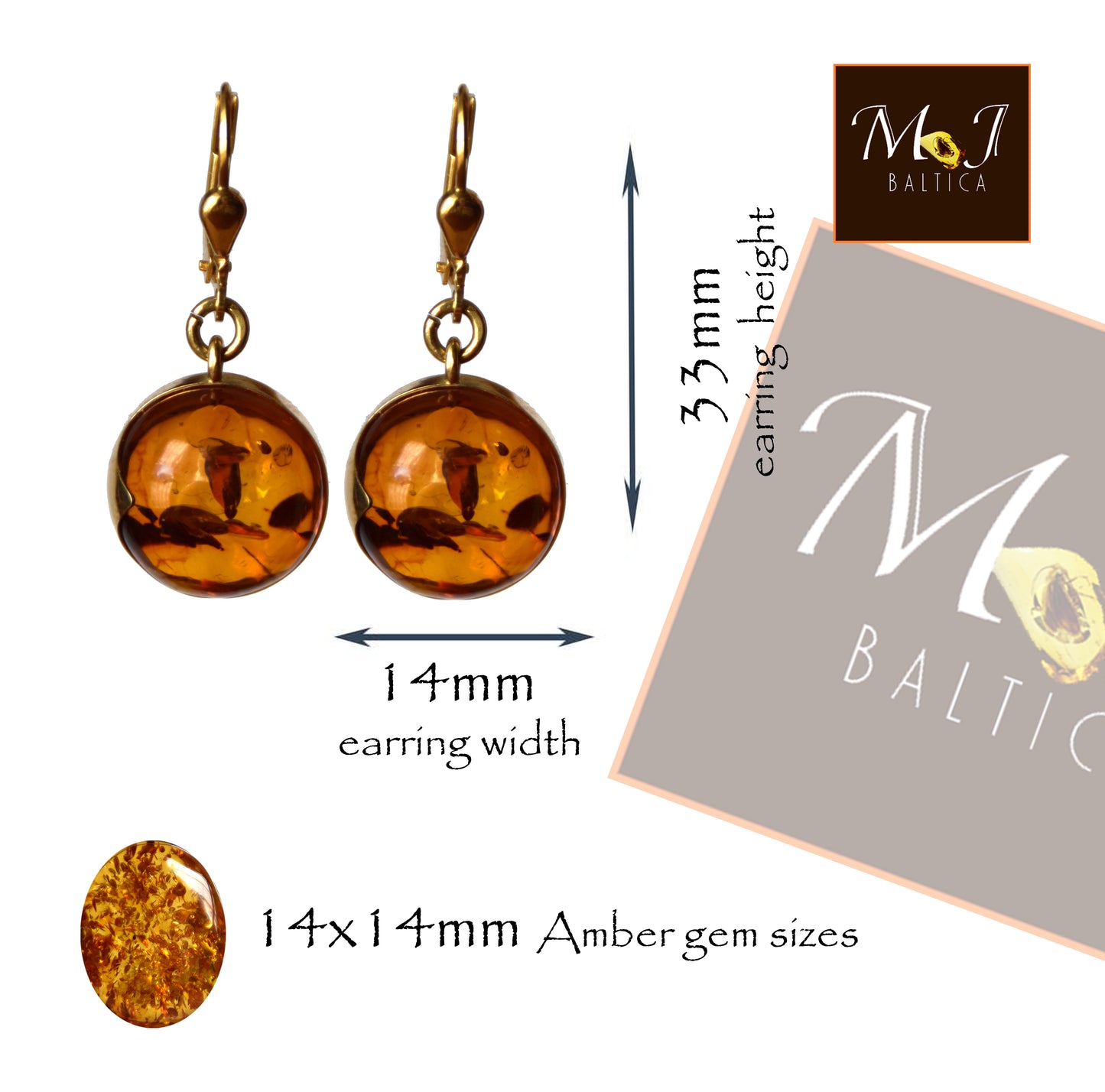 MJ Baltica, earrings, natural Baltic Amber, 925 Silver, 14k Gold plated, round, large, luminous, pendant, handcrafted, BZK083