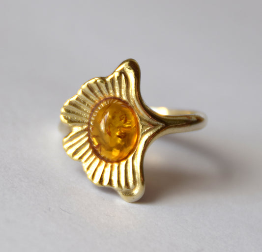 MJ Baltica, ring, natural Baltic Amber, 925 Silver, 14k Gold plated, flower, handcrafted, BZP038