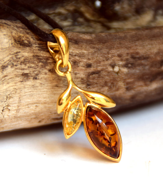 MJ Baltica, Pendant, natural Baltic Amber, Silver, 14k Gold plated, leaves, BZW007