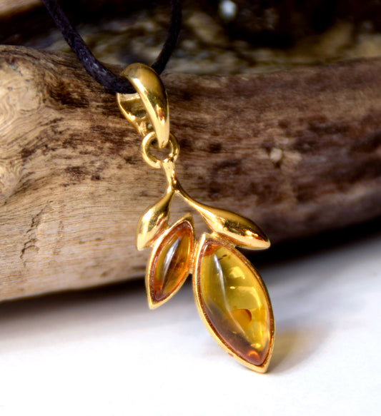 MJ Baltica, pendant, natural Baltic Amber, Silver, 14k Gold plated, leaves, handcrafted, BZW022