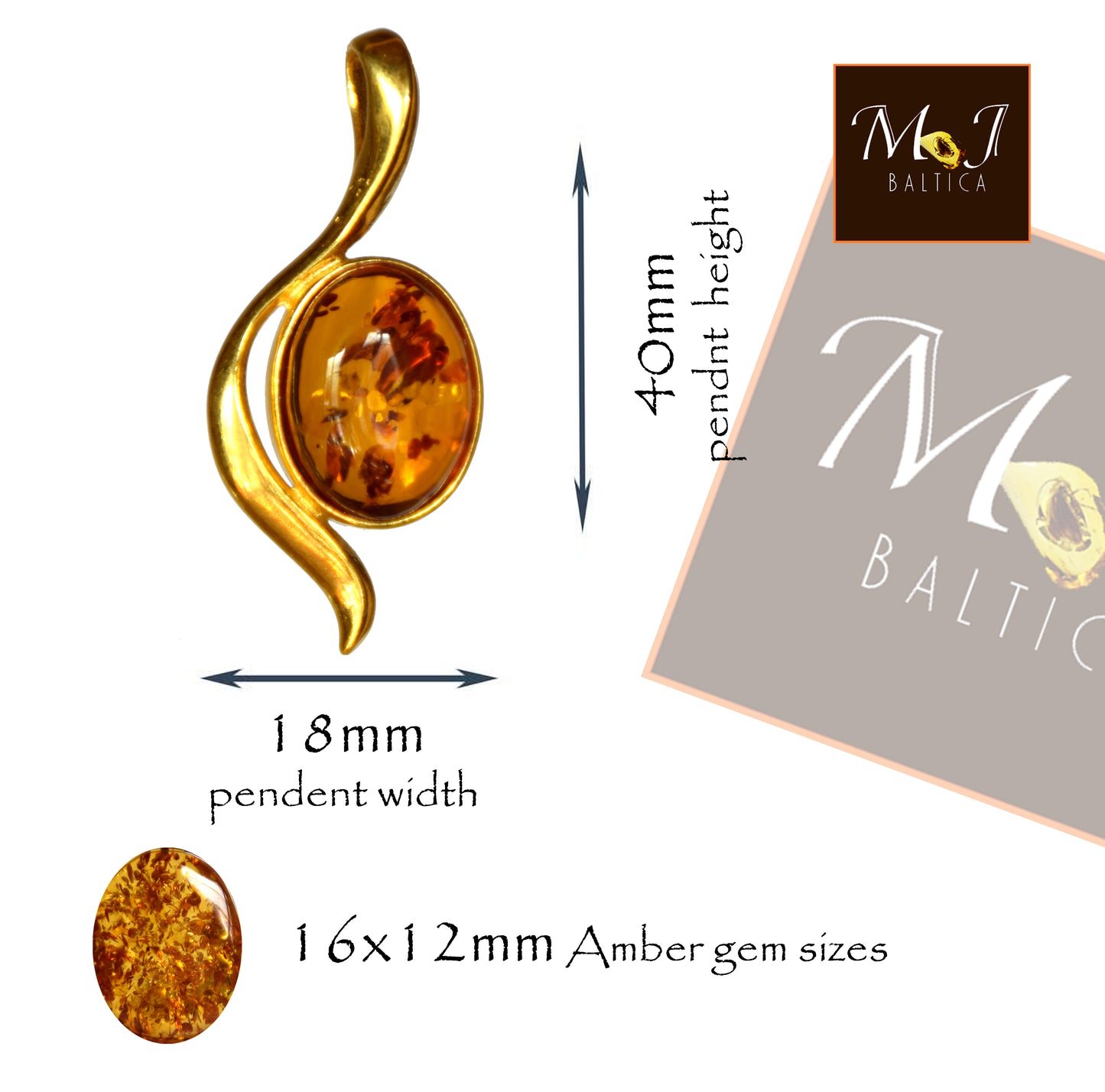 MJ Baltica, ciondolo, Ambra naturale Baltica, Argento 925, Placcato in Oro 14k, bellissimo, elegante, artigianale BZW049