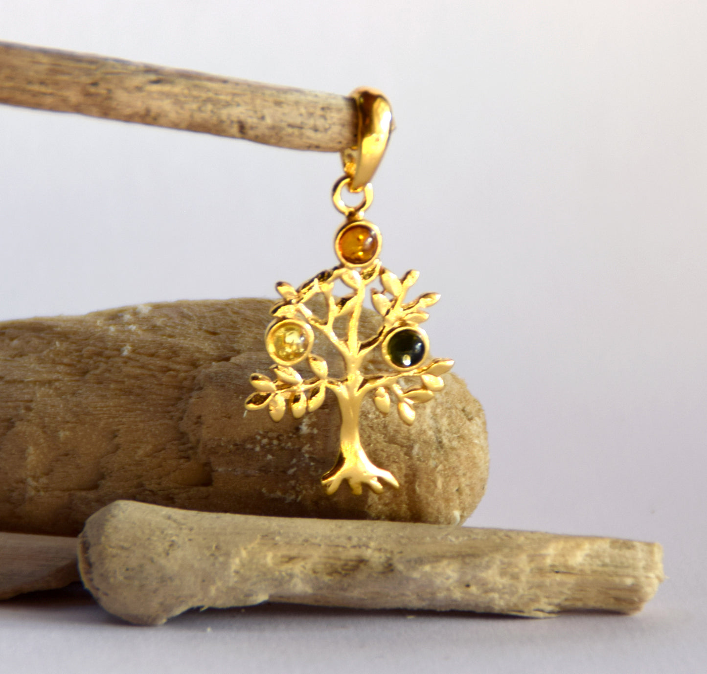 MJ Baltica, pendant, Natural Baltic Amber, 925 Silver, 14k Gold Plated, Tree of Life, multicolored, BZW053