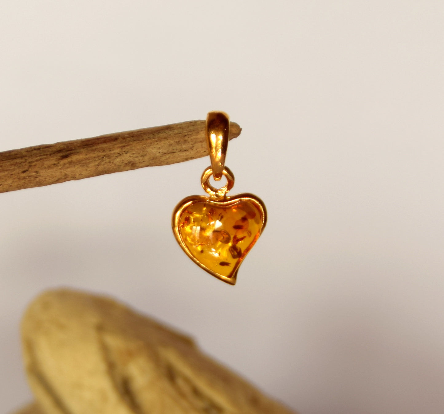 Romantic natural cognac amber heart pendant with 18k Gold plated Silver, MJ Baltica, BZW054