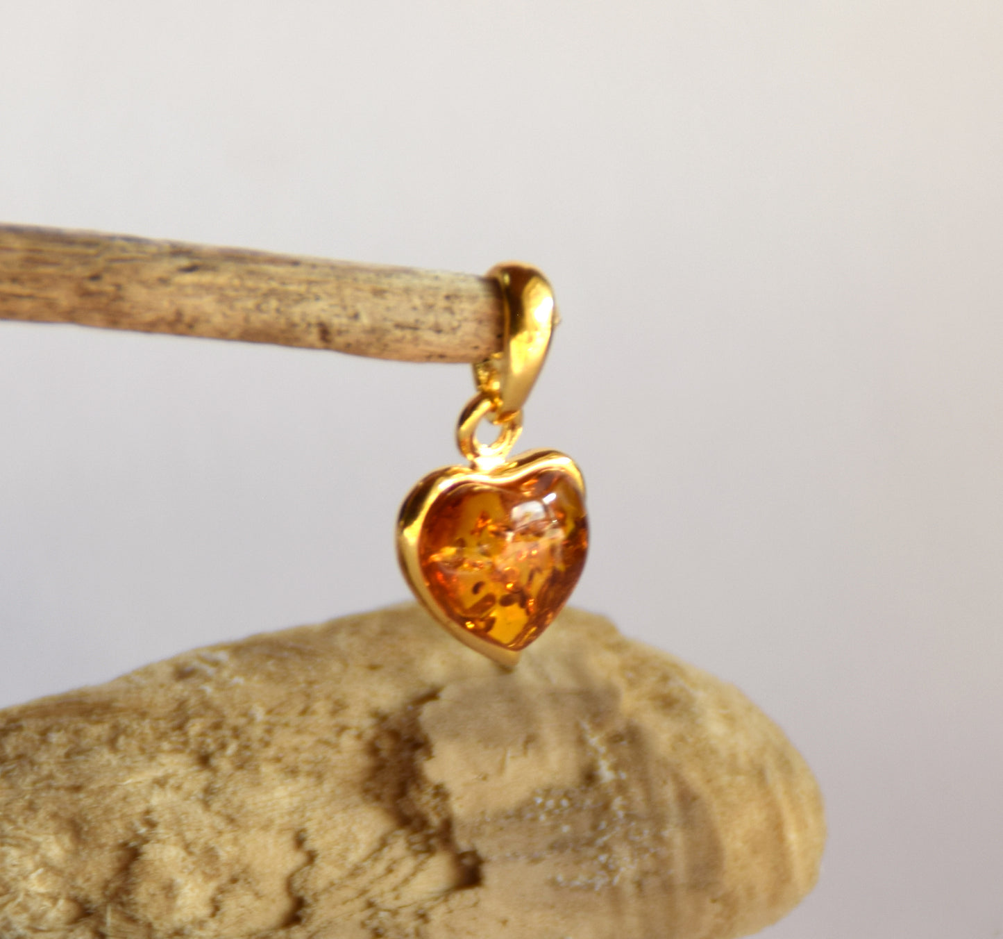 Romantic natural cognac amber heart pendant with 18k Gold plated Silver, MJ Baltica, BZW054