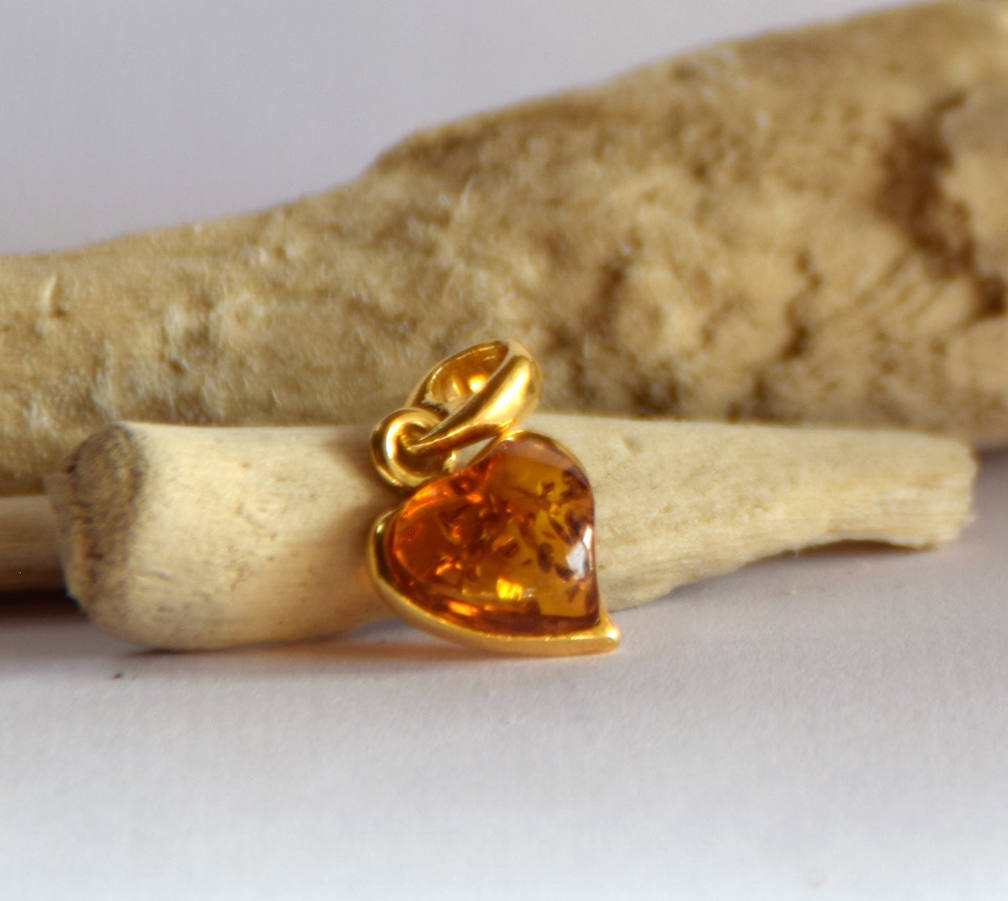 Romantic natural cognac amber heart pendant with 18k Gold plated Silver, MJ Baltica, BZW054