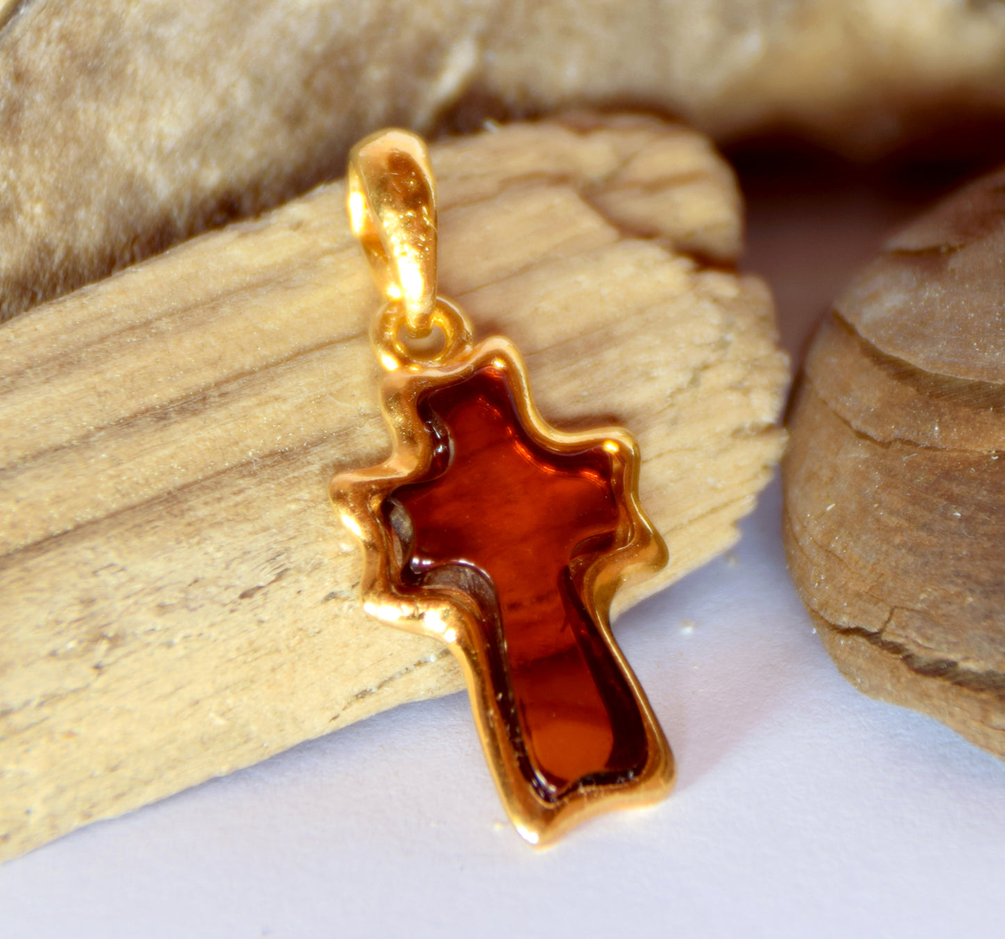 MJ Baltica, pendant, natural Baltic Amber, 925 Silver, Cross, 14k Gold Plated, BZW056