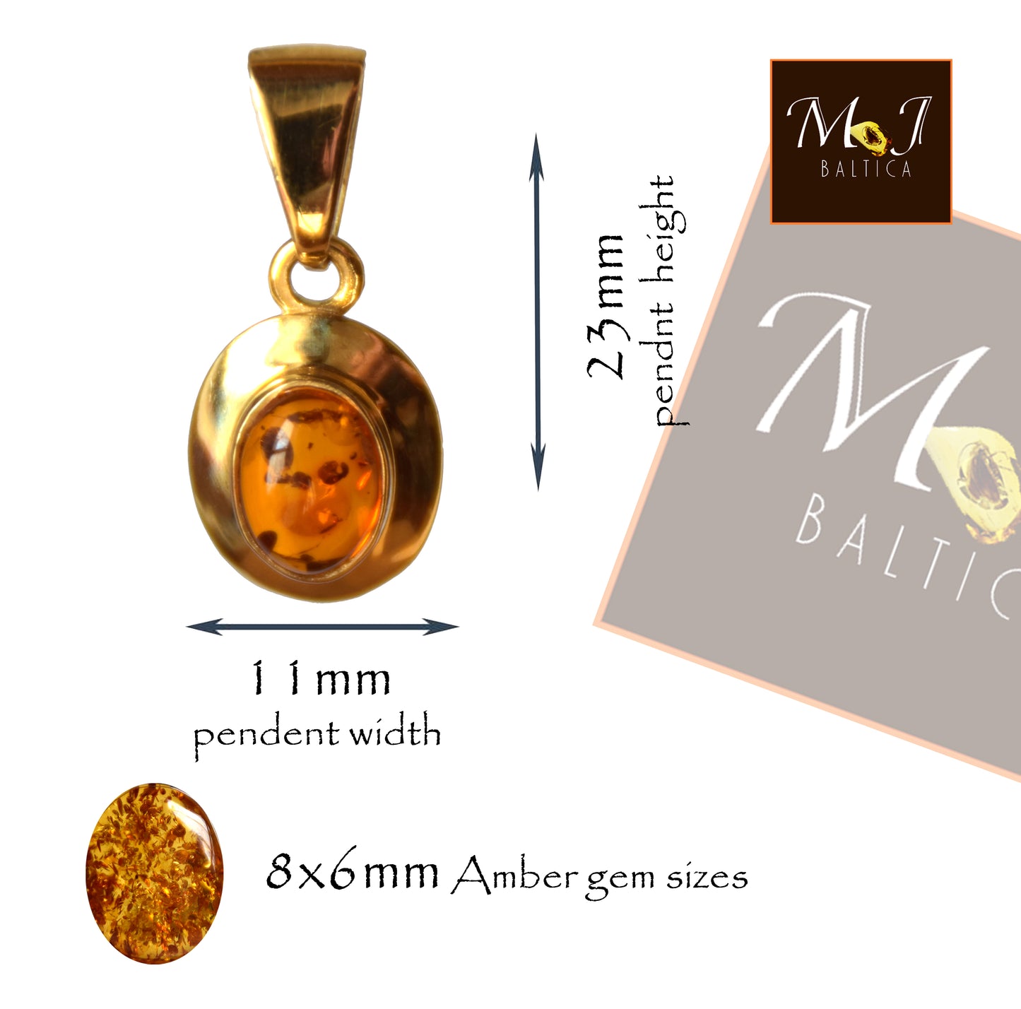 MJ Baltica, pendant, natural Baltic Amber, 925 Silver, 14k Gold Plated, beautiful, delicate, handcrafted BZW061