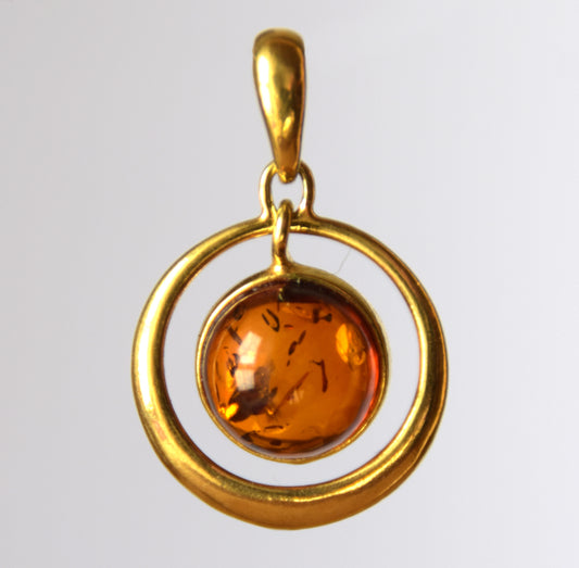 MJ Baltica, pendant, natural Baltic Amber, 925 Silver, 14k Gold Plated, beautiful, circle, handcrafted BZW066