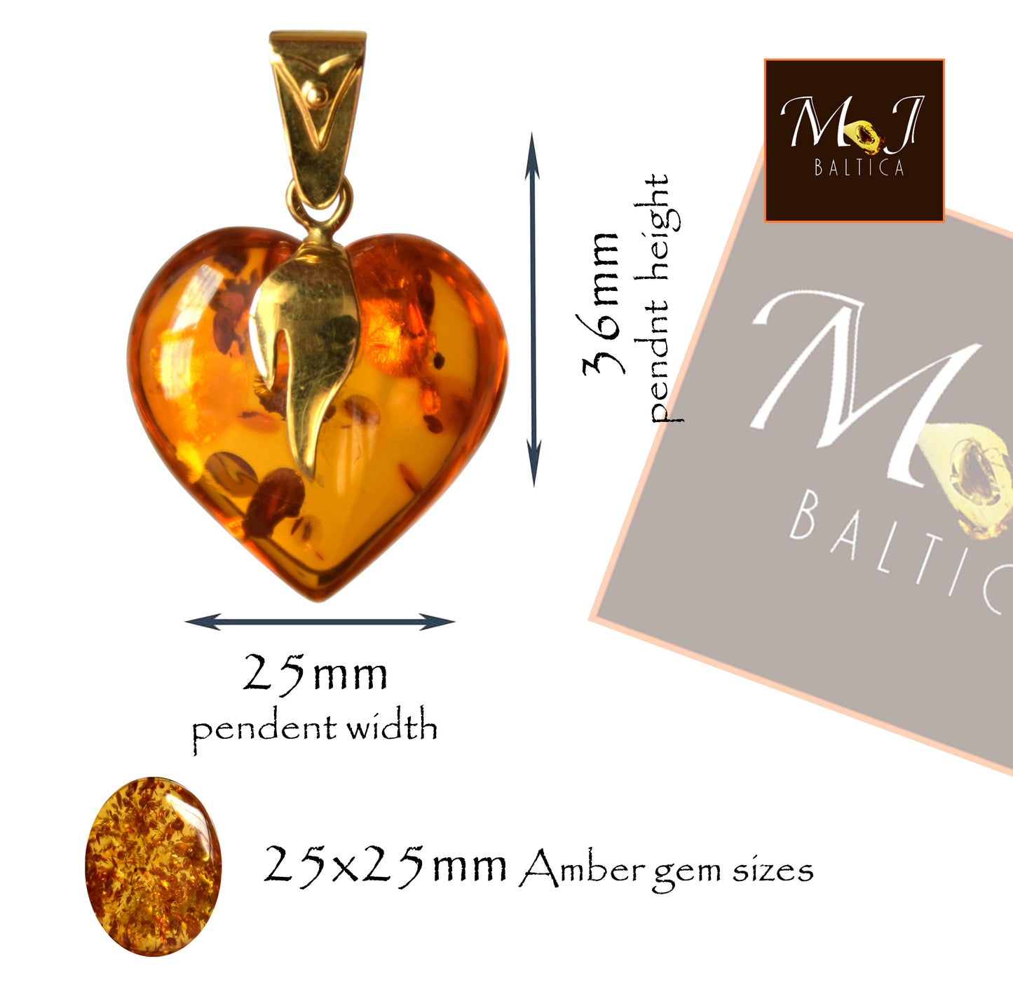 MJ Baltica, ciondolo grande Cuore, Ambra naturale, Argento, placcato Oro, cuore, fiamma, BZW072