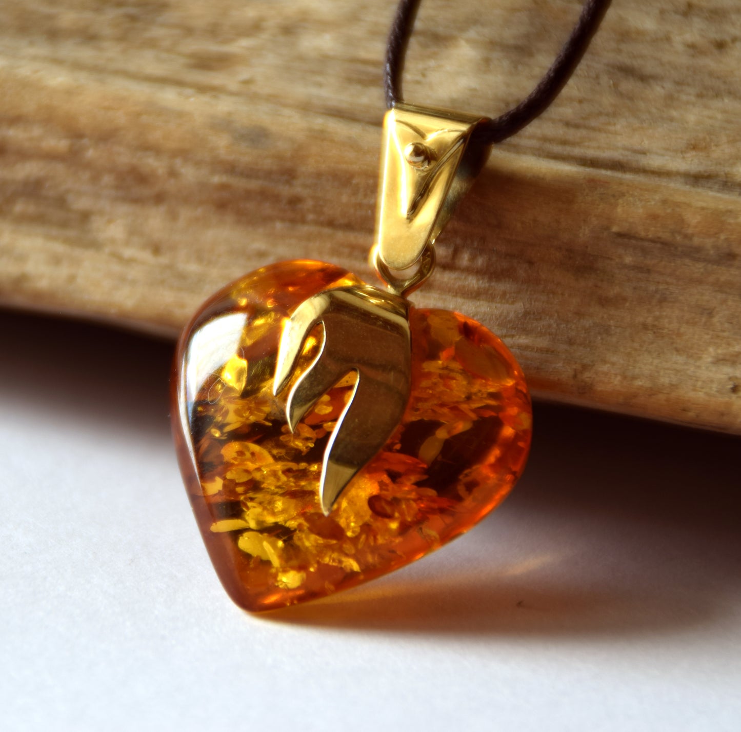 MJ Baltica, large Heart pendant, natural Amber, Silver, Gold plated, heart, flame, BZW073