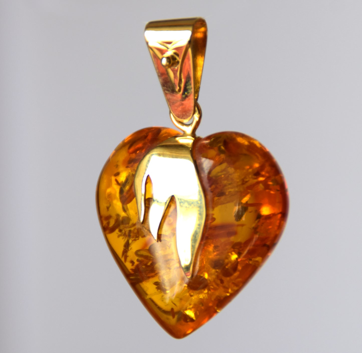 MJ Baltica, large Heart pendant, natural Amber, Silver, Gold plated, heart, flame, BZW073