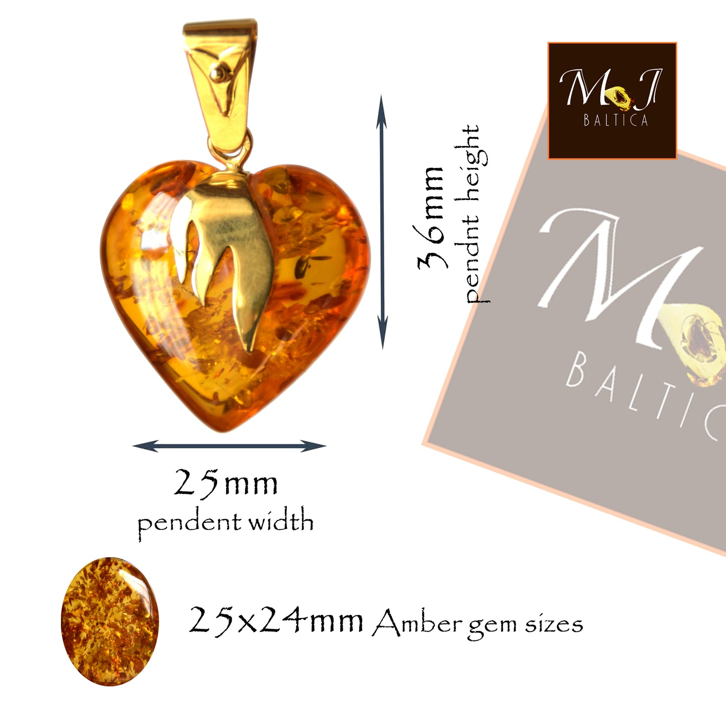 MJ Baltica, ciondolo grande Cuore, Ambra naturale, Argento, placcato Oro, cuore, fiamma, BZW073