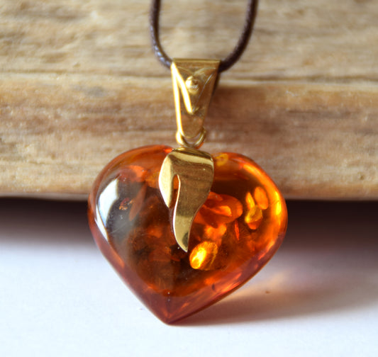 MJ Baltica, large Heart pendant, natural Amber, Silver, Gold plated, heart, flame, BZW075