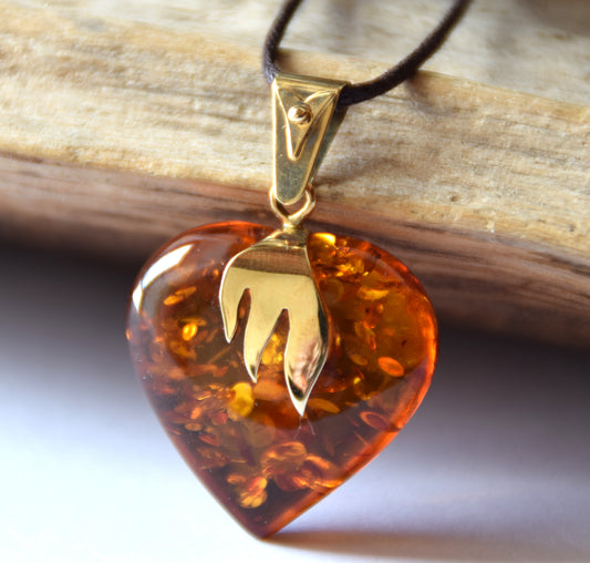 MJ Baltica, large Heart pendant, natural Amber, Silver, Gold plated, heart, flame, BZW091