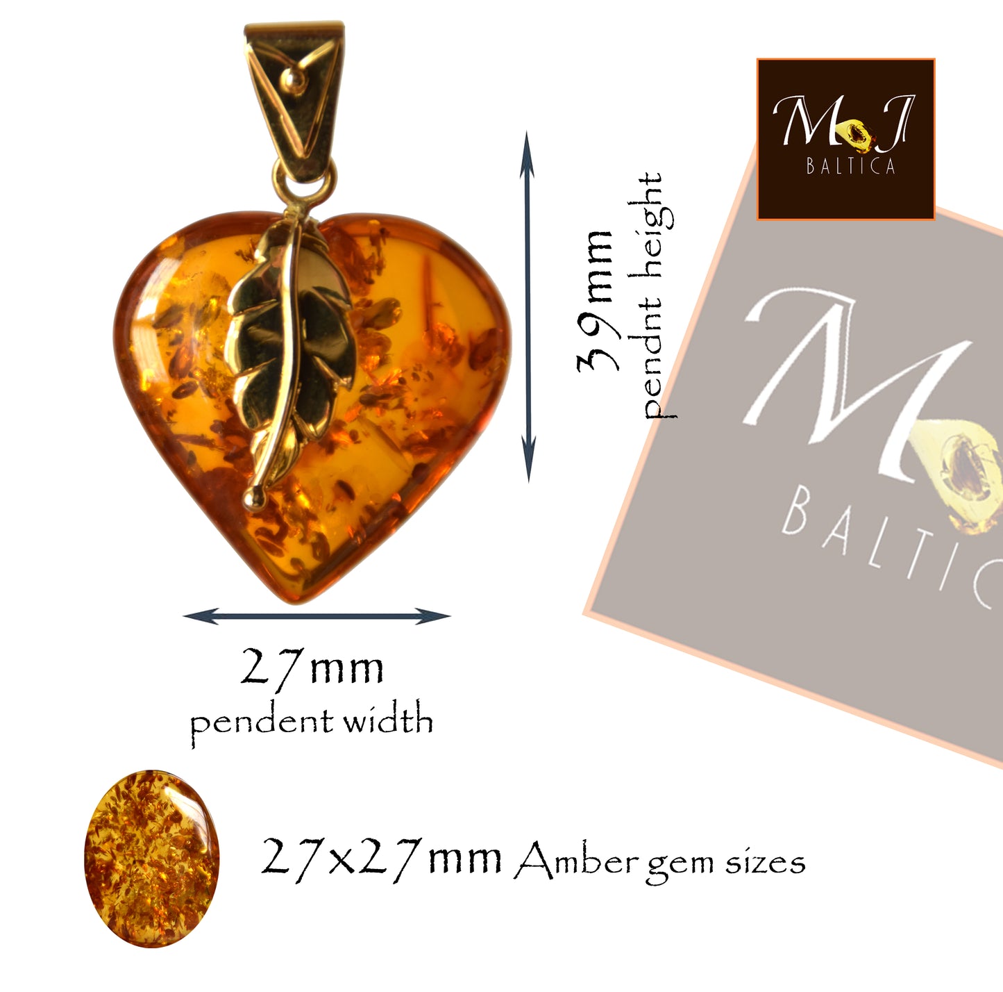 MJ Baltica, ciondolo grande Cuore, Ambra naturale, Argento, placcato Oro, cuore, fiamma, BZW093