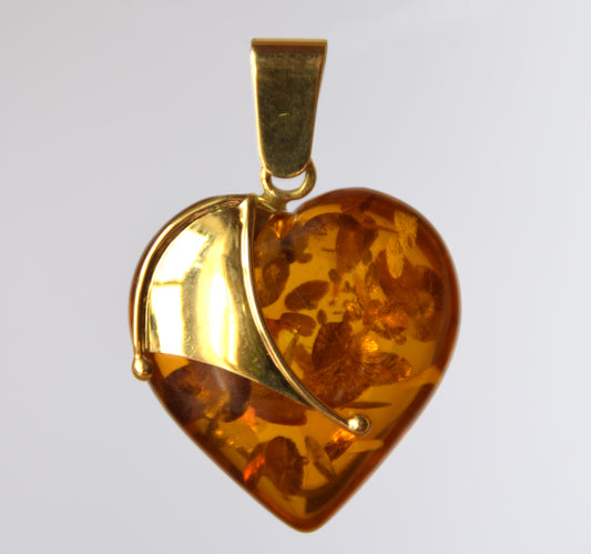 MJ Baltica, large Heart pendant, natural Amber, Silver, Gold plated, heart, BZW099