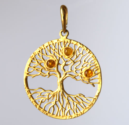 MJ Baltica, pendant, natural Baltic Amber, 925 Silver, 14k Gold Plated, beautiful, elegant, handcrafted, tree of life, BZW101