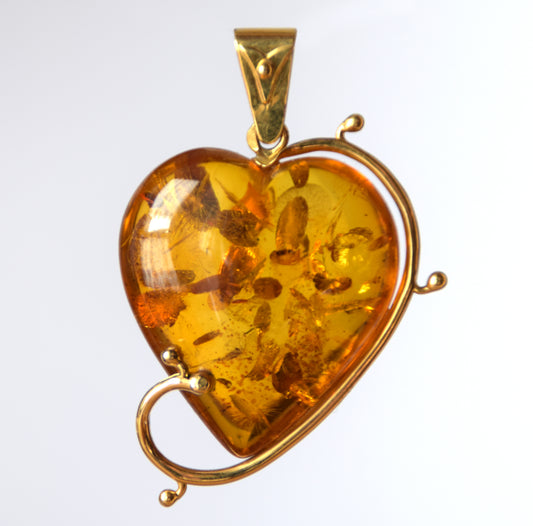 MJ Baltica, large Heart pendant, natural Amber, Silver, Gold plated, heart, BZW102