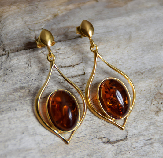 MJ Baltica, Earrings, natural Baltic Amber, Silver, 14k Gold plated, handcrafted, BZK001