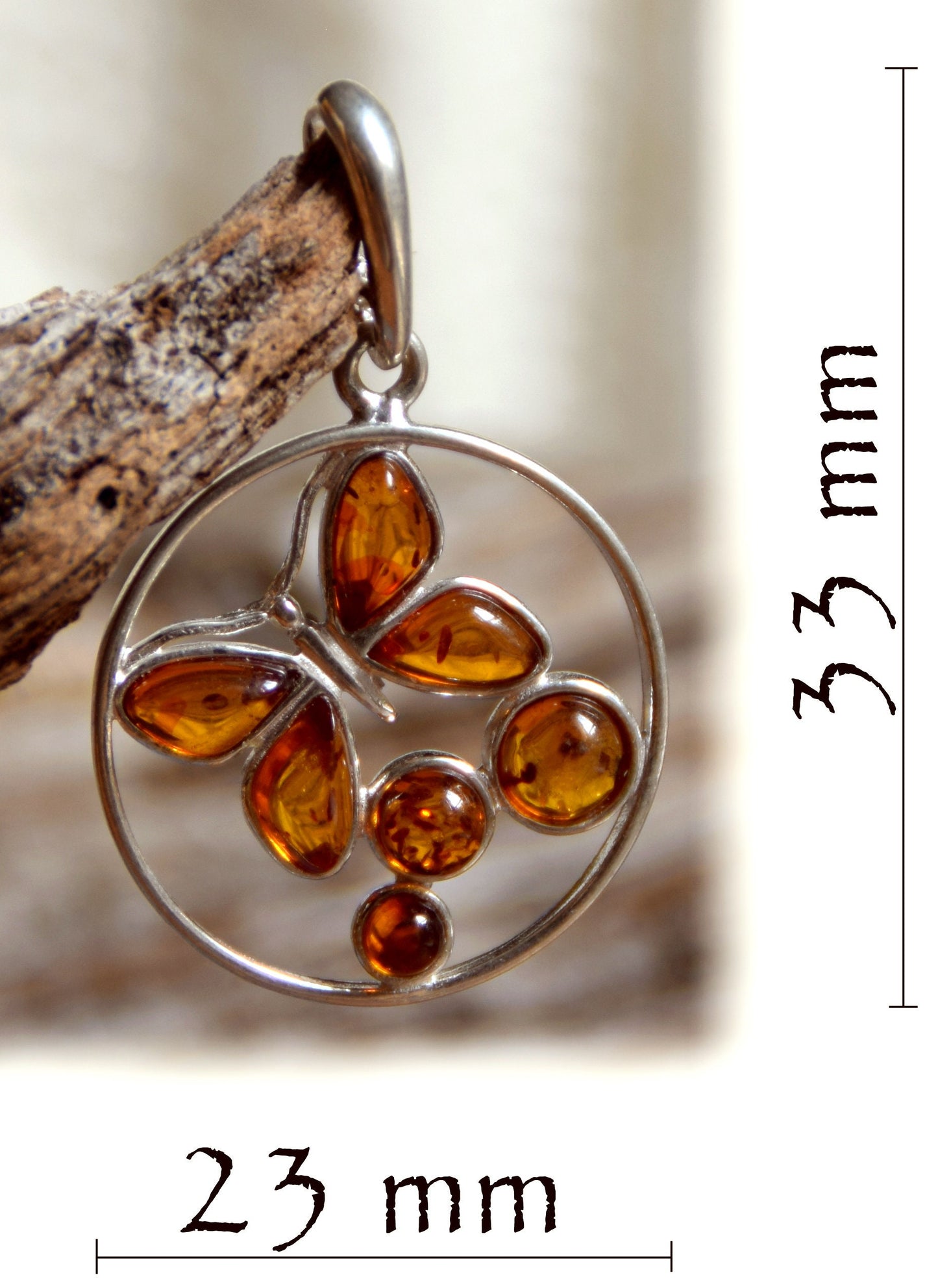 MJ Baltica, pendant, natural Baltic amber, 925 silver, butterfly, handcrafted, mosaic BW003