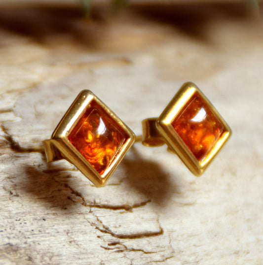 MJ Baltica, earrings, lobe, natural Baltic Amber, Silver, 14k Gold plated, rhombus BZK036