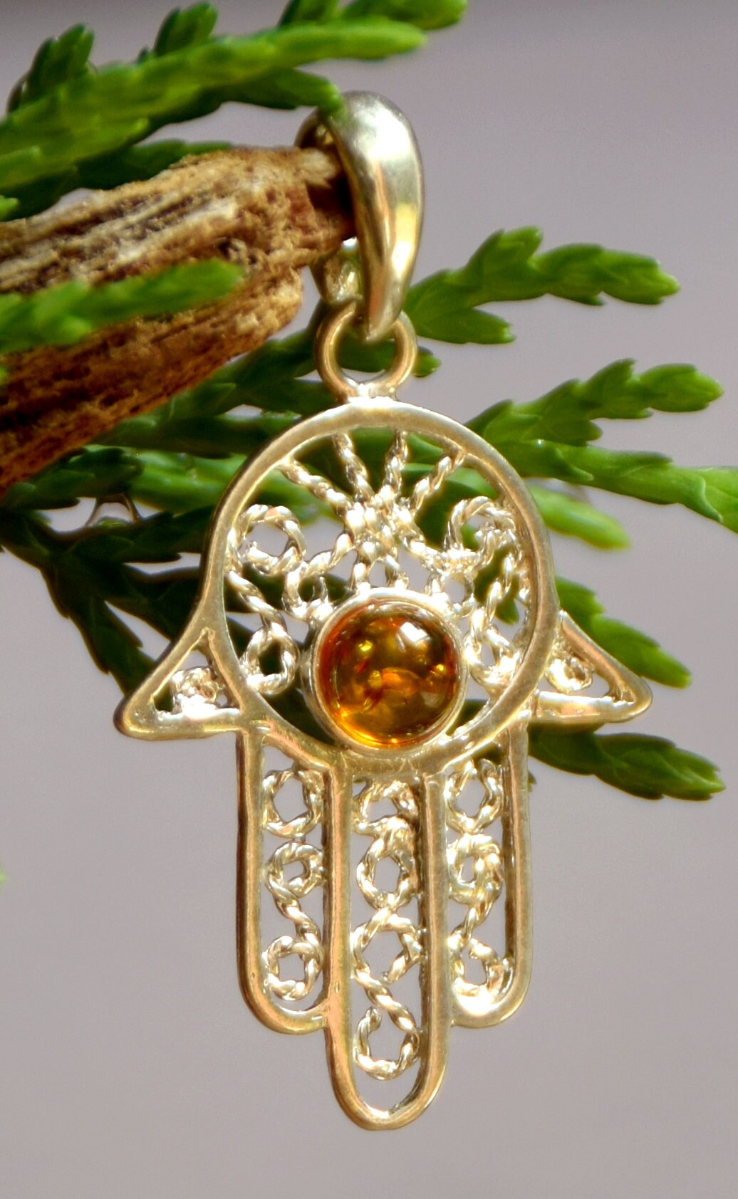 MJ Baltica, pendant, natural Baltic amber, 925 silver, hand of Fatima, filigree, BW020