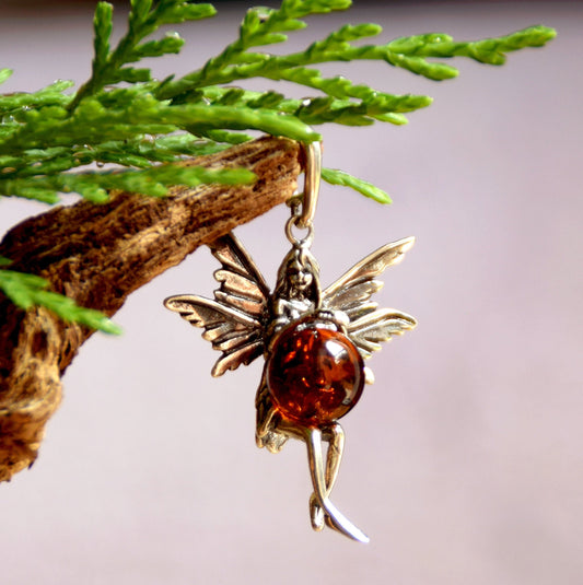 Large pendant with serene fairy in cognac natural Amber and 925 Sterling Silver, MJ Baltica, BW018