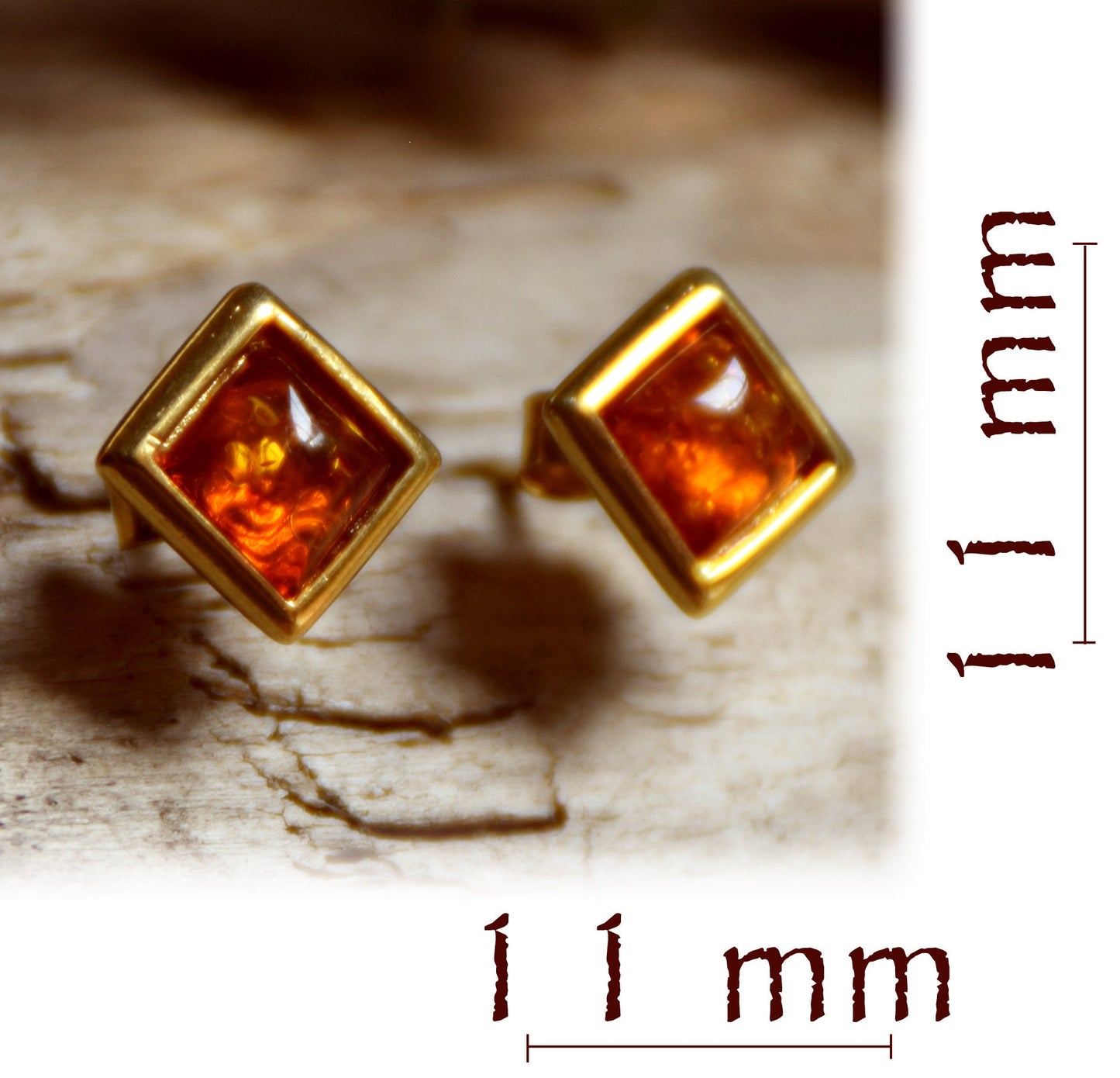 MJ Baltica, earrings, lobe, natural Baltic Amber, Silver, 14k Gold plated, rhombus BZK036