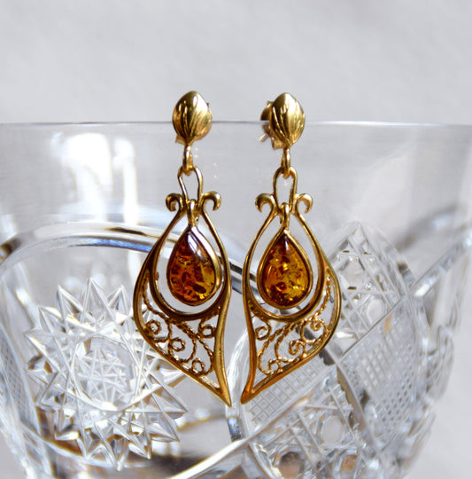MJ Baltica, orecchini, Ambra naturale Baltica, Argento 925, placcato Oro 18k, filigrana, artigianale BZK024