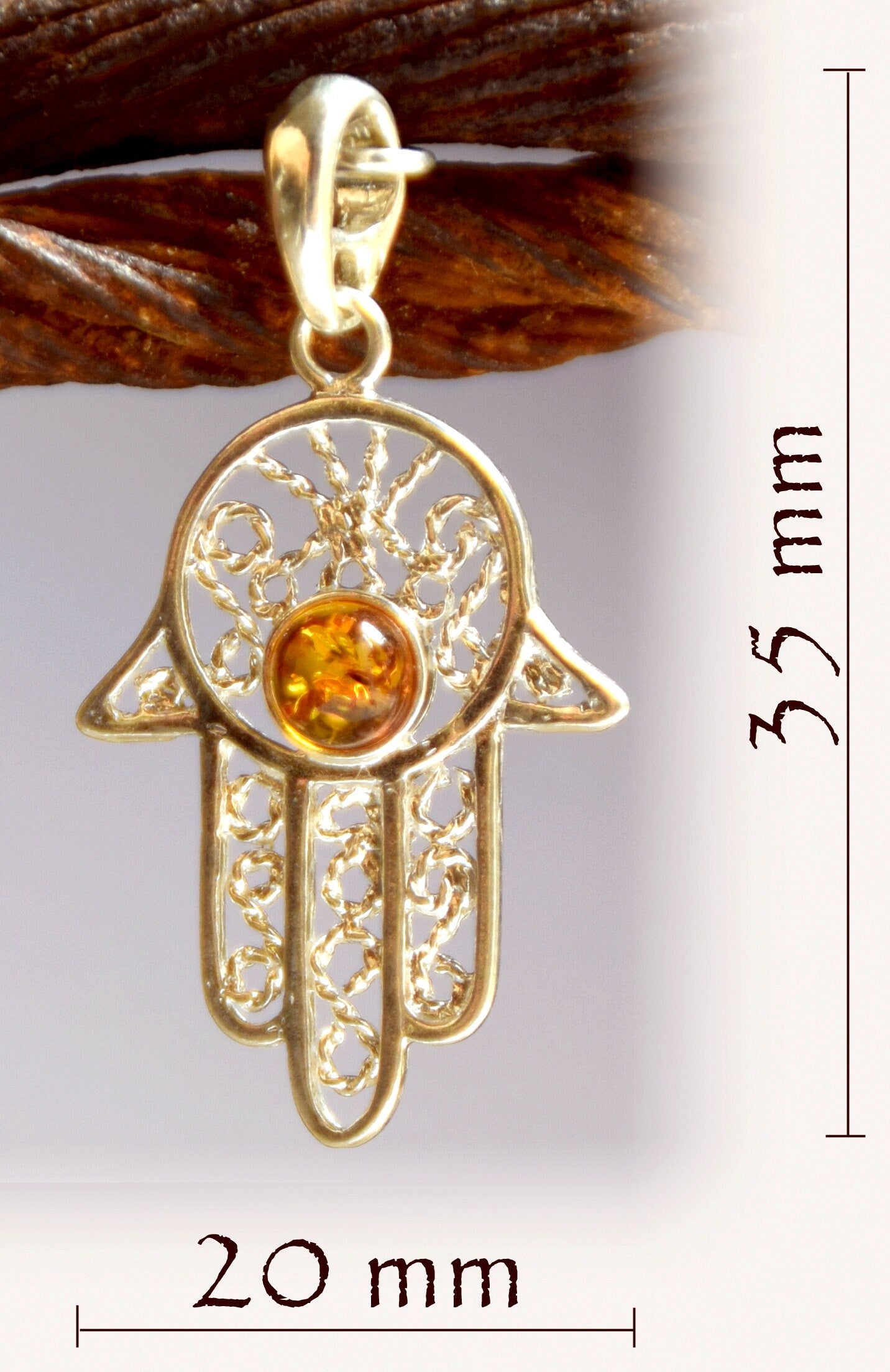 MJ Baltica, pendant, natural Baltic amber, 925 silver, hand of Fatima, filigree, BW020