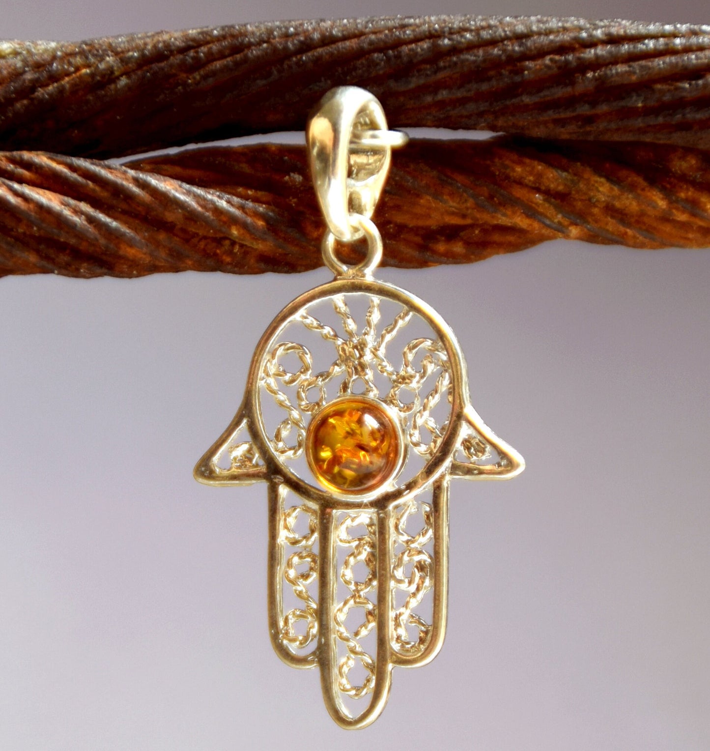 MJ Baltica, pendant, natural Baltic amber, 925 silver, hand of Fatima, filigree, BW020