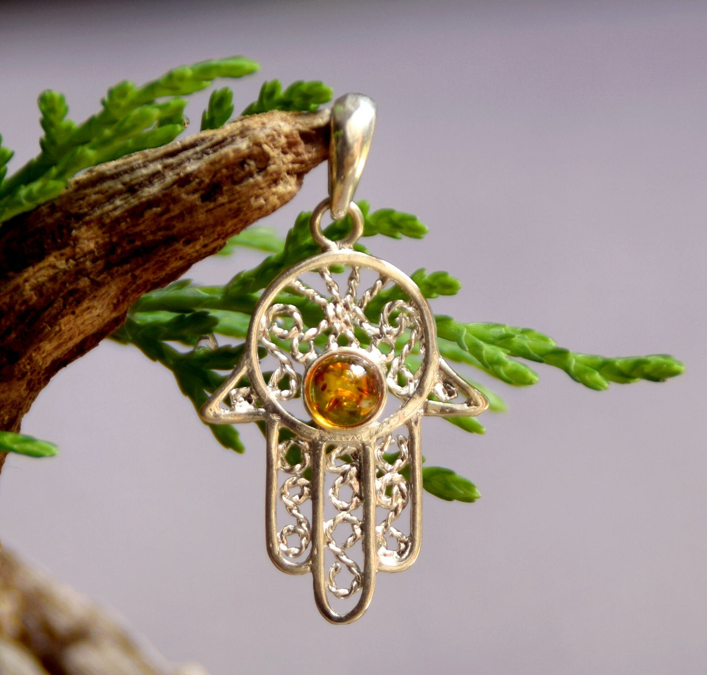 MJ Baltica, pendant, natural Baltic amber, 925 silver, hand of Fatima, filigree, BW020