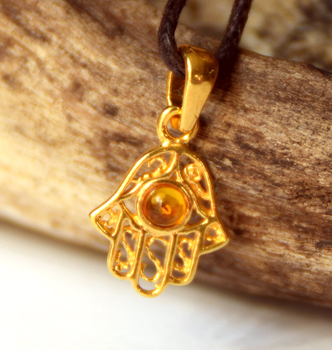 MJ Baltica, pendant, Natural amber, Silver, gold plated, hand of Fatima, BZW038