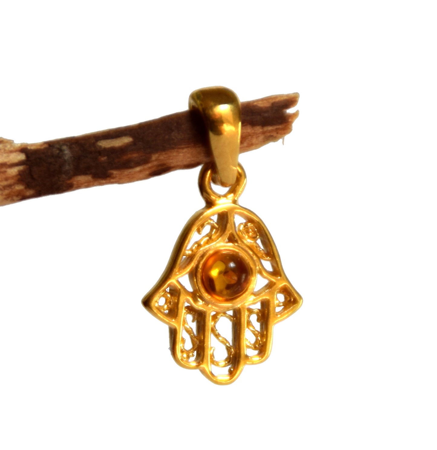 MJ Baltica, pendant, Natural amber, Silver, gold plated, hand of Fatima, BZW038