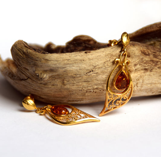 MJ Baltica, earrings, natural Baltic Amber, 925 Silver, 14k Gold plated, filigree, handcrafted BZK024