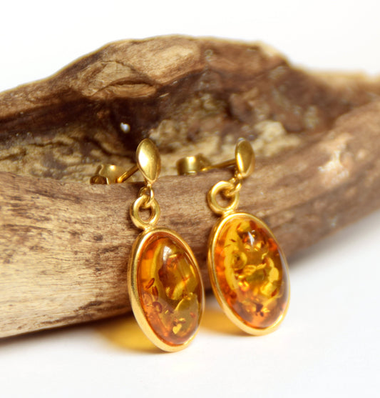 MJ Baltica, Orecchini, Ambra naturale Baltica, Argento, placcato in Oro 18k, elegante, classico, artigianale BZK002
