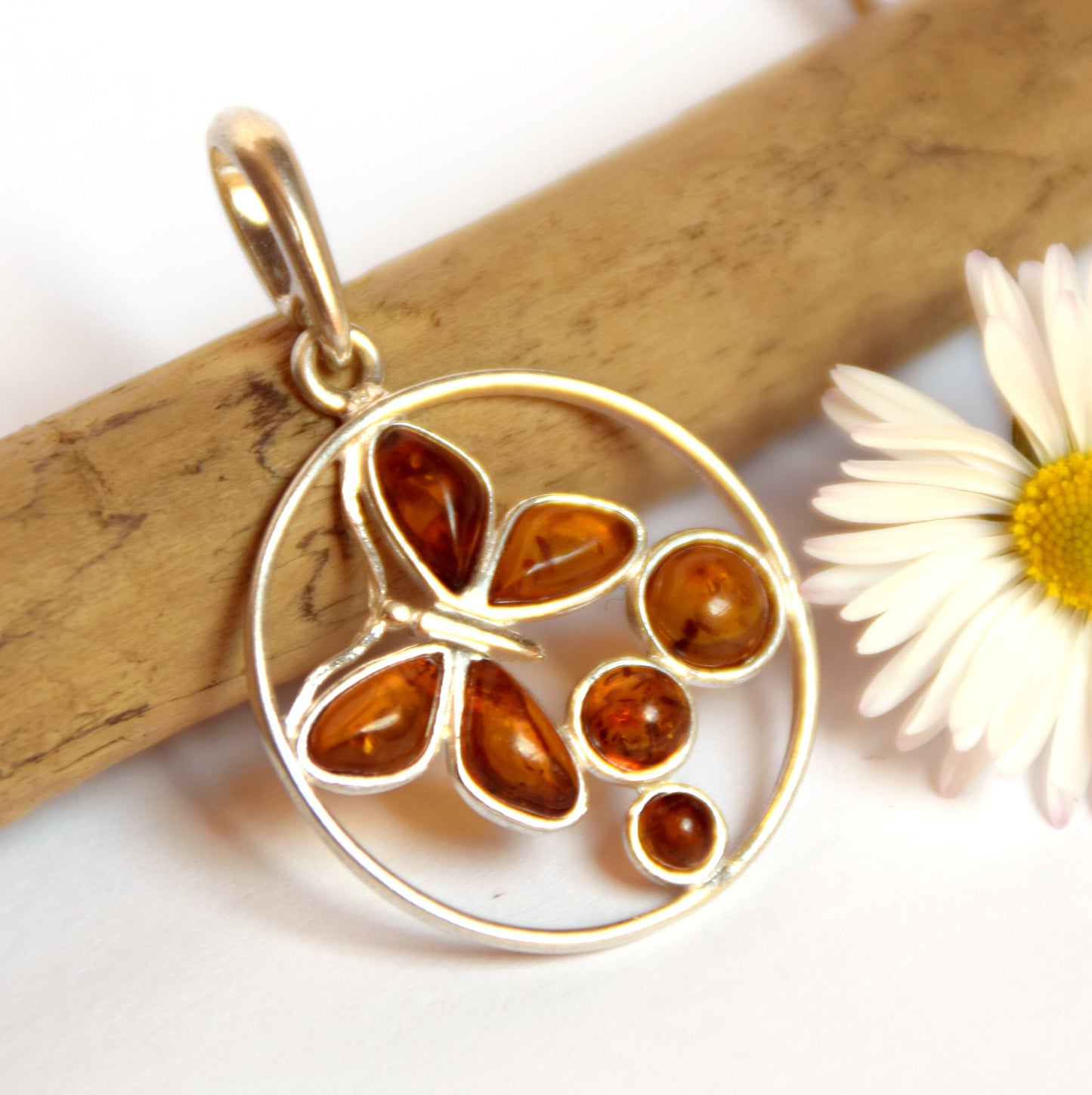 MJ Baltica, pendant, natural Baltic amber, 925 silver, butterfly, handcrafted, mosaic BW003