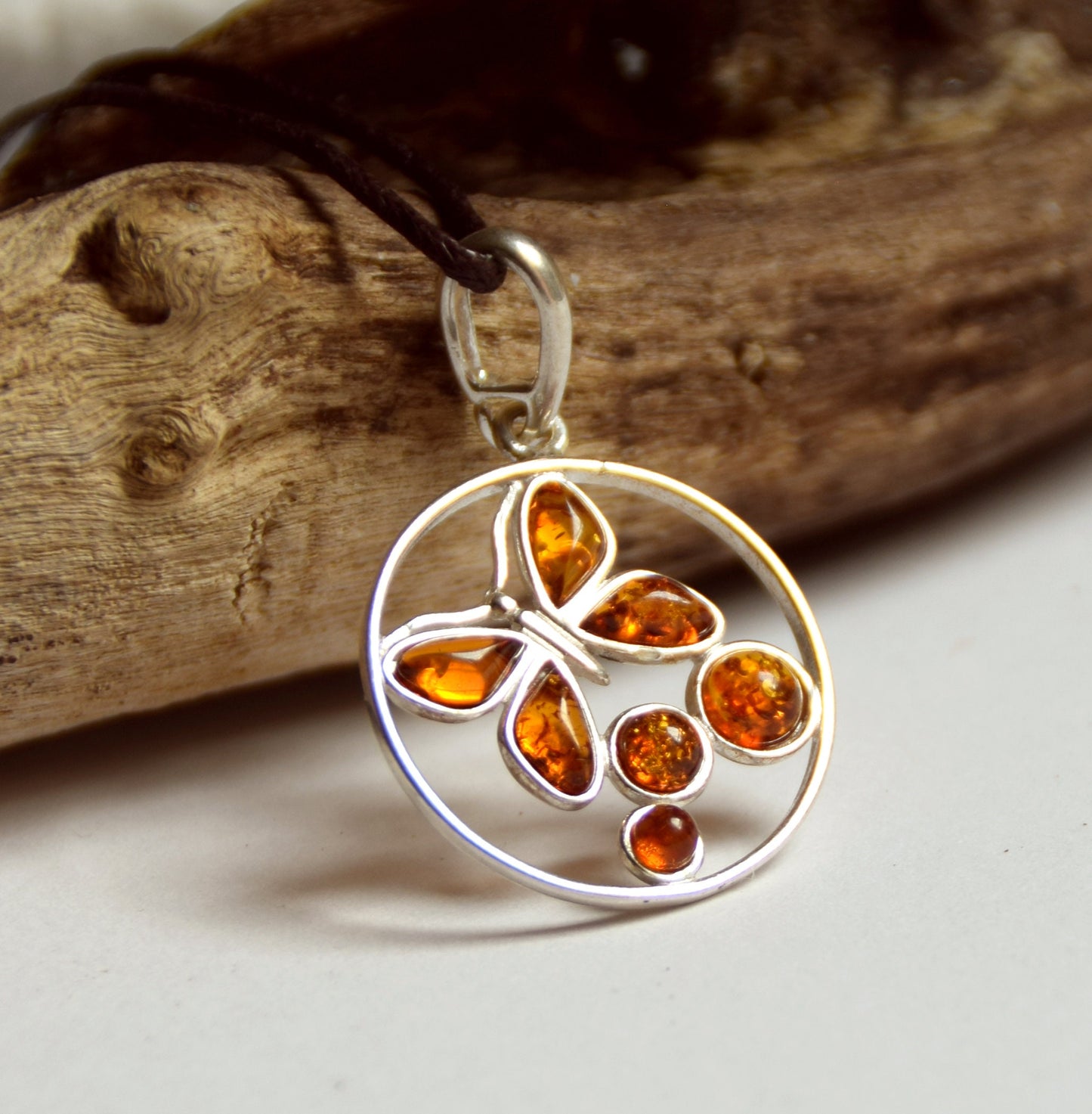 MJ Baltica, pendant, natural Baltic amber, 925 silver, butterfly, handcrafted, mosaic BW003