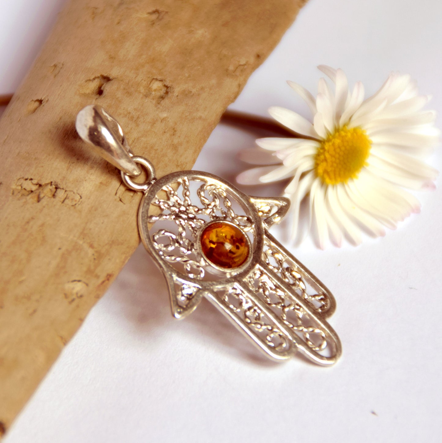 MJ Baltica, pendant, natural Baltic amber, 925 silver, hand of Fatima, filigree, BW020