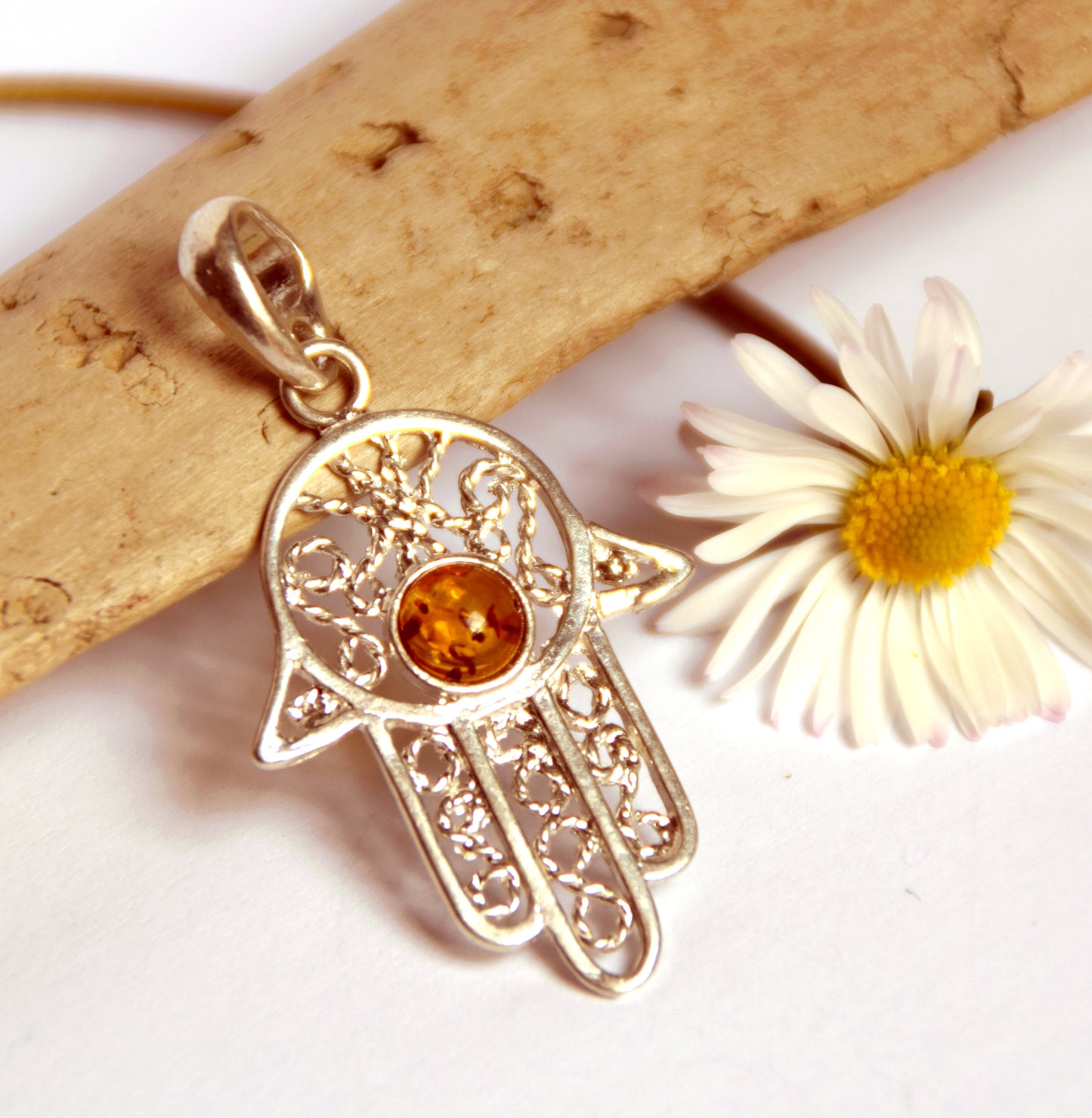 MJ Baltica, pendant, natural Baltic amber, 925 silver, hand of Fatima, filigree, BW020