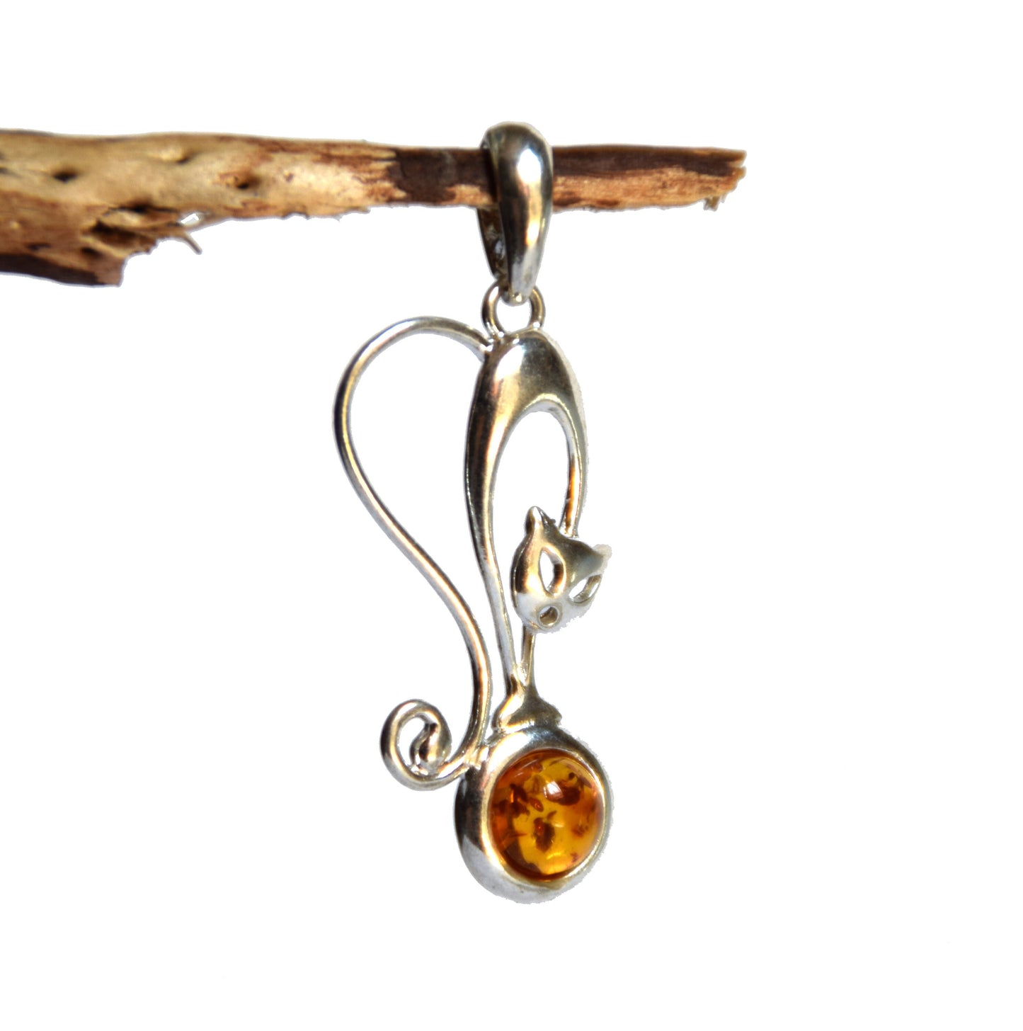 MJ Baltica, pendant, natural Baltic amber, 925 silver, cat, handcrafted, BW033