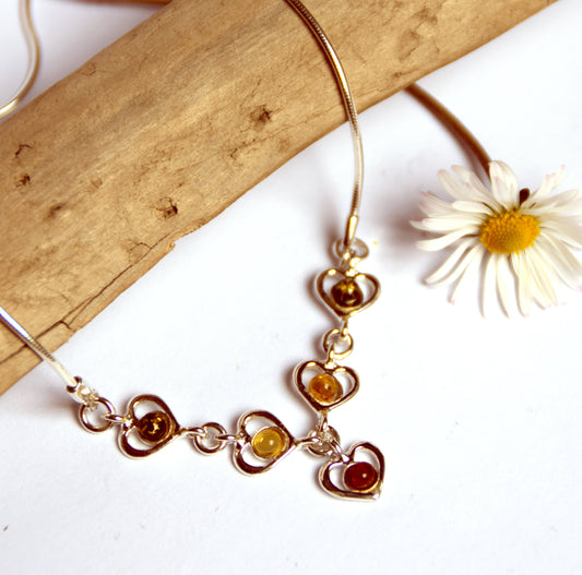 MJ Baltica, necklace, choker, natural Baltic amber, 925 silver, little hearts, BKo019