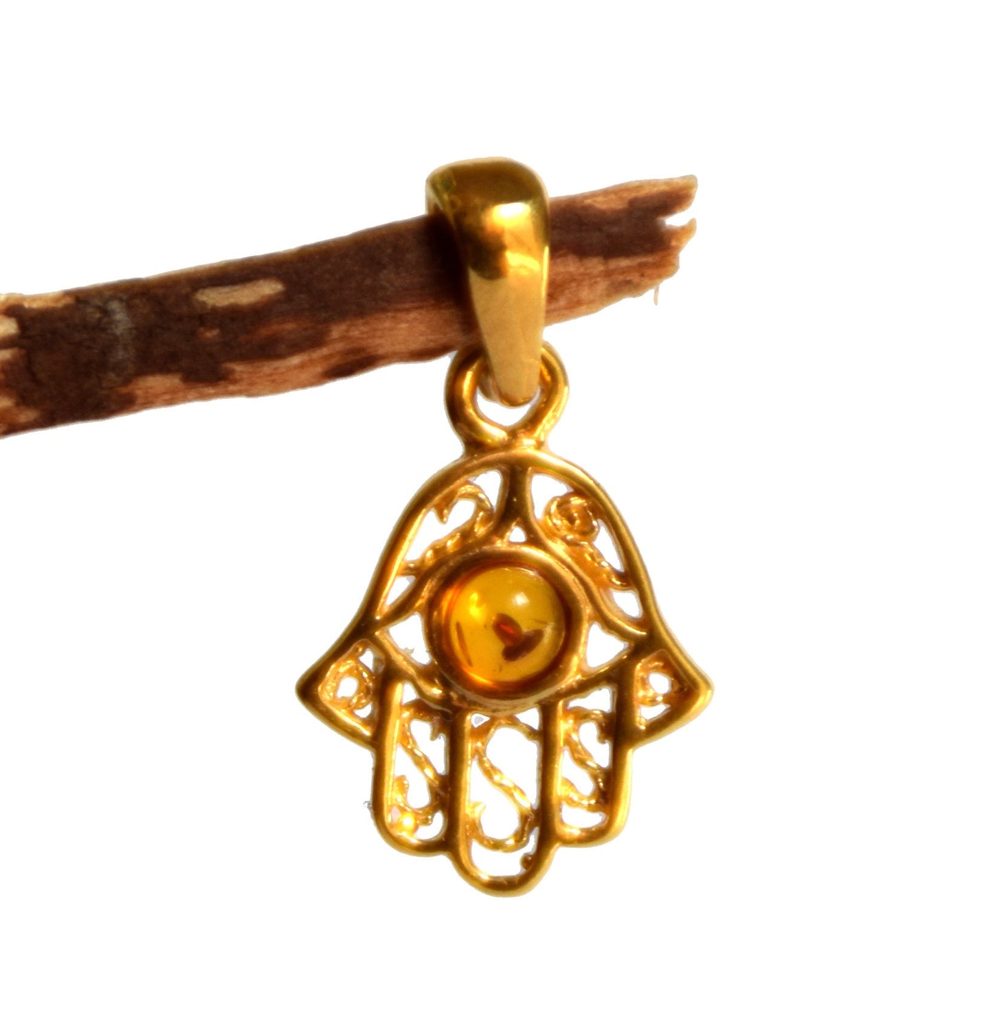 MJ Baltica, pendant, Natural amber, Silver, gold plated, hand of Fatima, BZW038